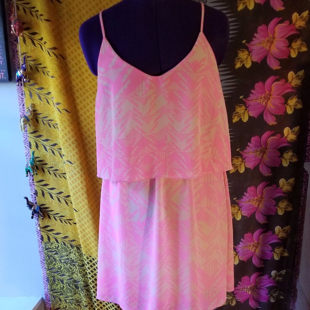Pink and Tan Patterned, Sleeveless, Flowy Dress